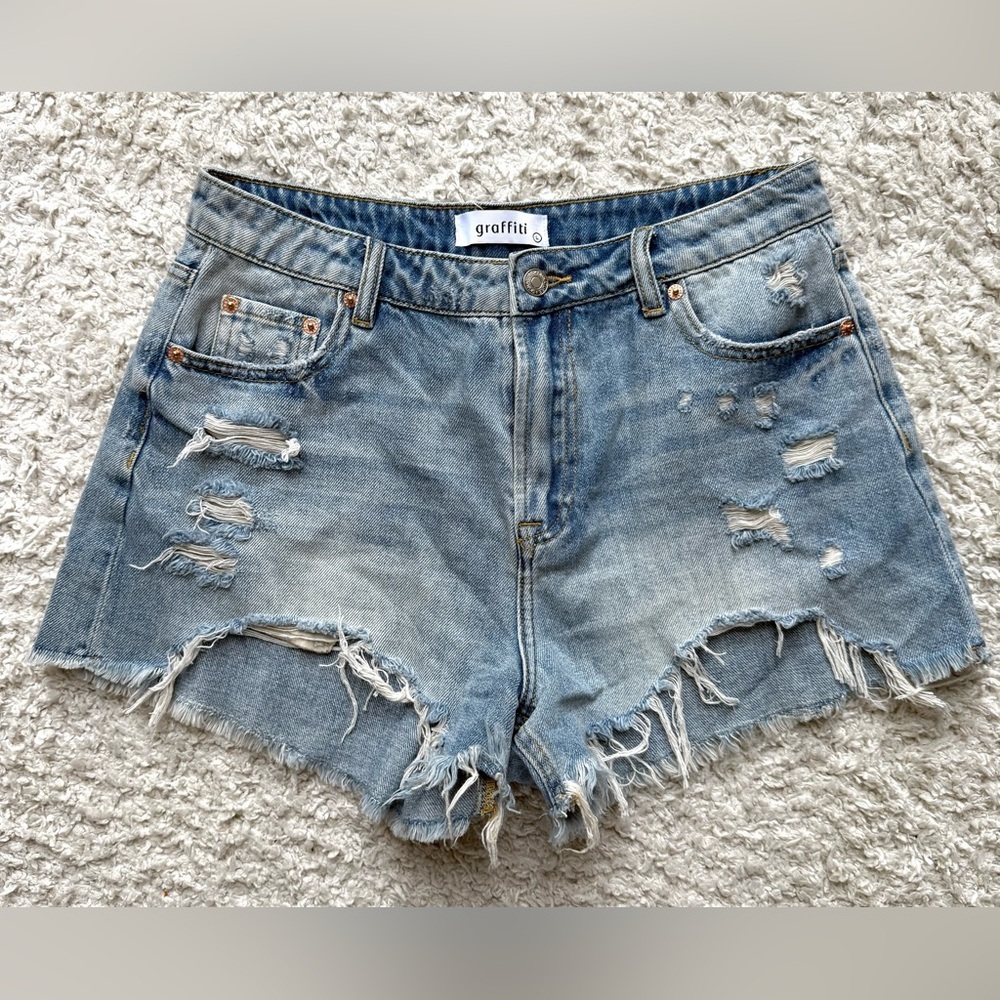Women's graffiti Denim Shorts Size L Blue Distressed